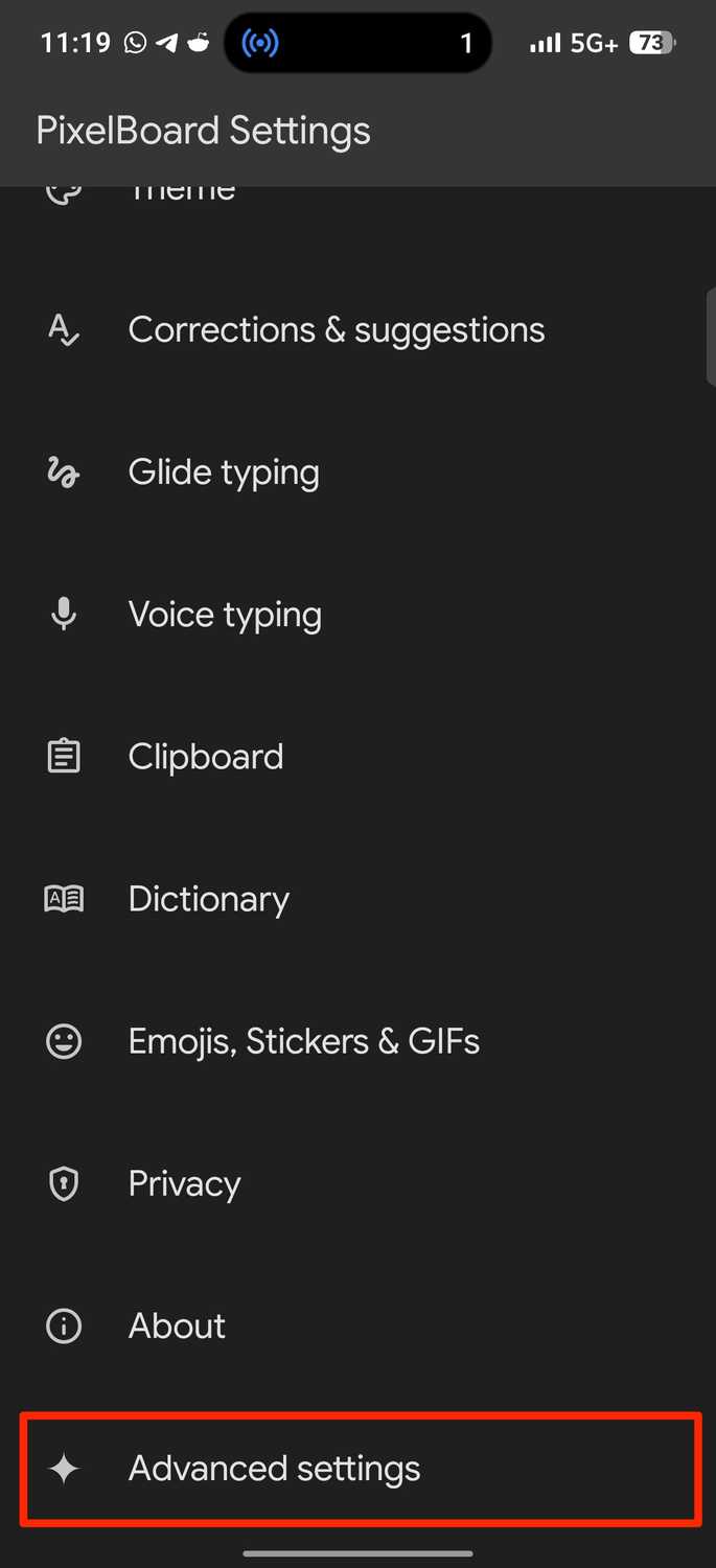 Red rectangle highlighting Advanced settings option in PixelBoard Settings menu