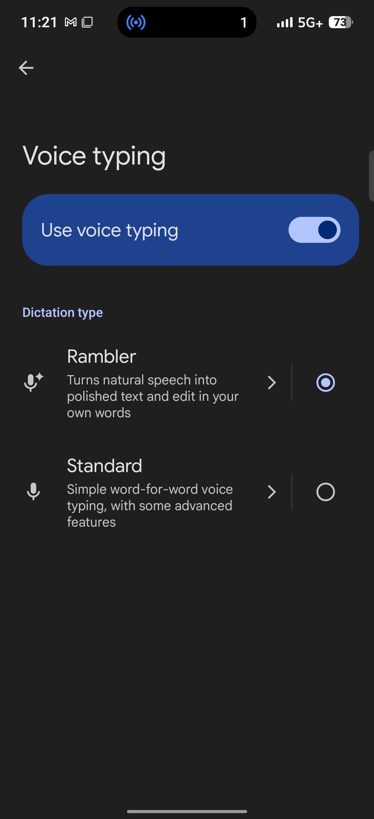 Voice typing settings screen showing dictation options with Rambler selected over Standard