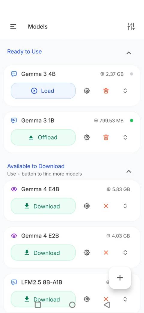 Screenshot showing the Load, Offload, and Download options in PocketPal AI