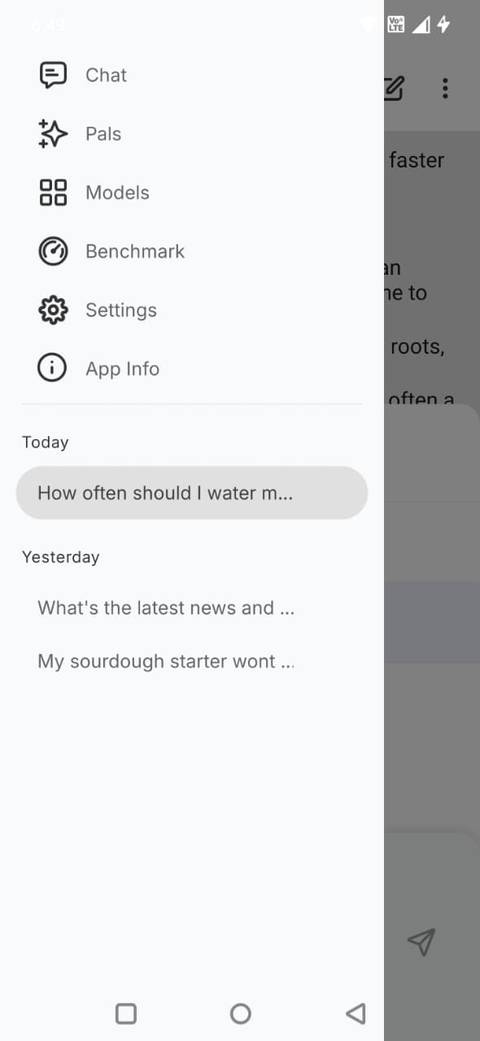Screenshot showing the hamburger menu in PocketPal AI