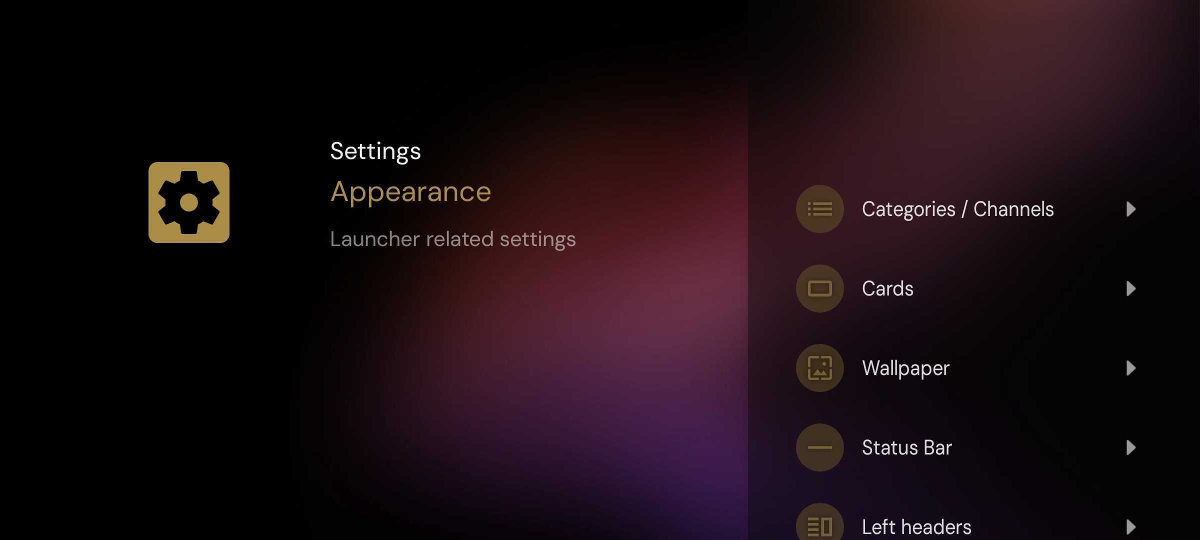 Screenshot showing various settings in Projectivy Launcher