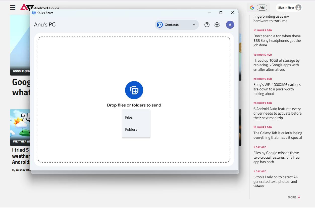 Screenshot showing the Quick Share app on Windows