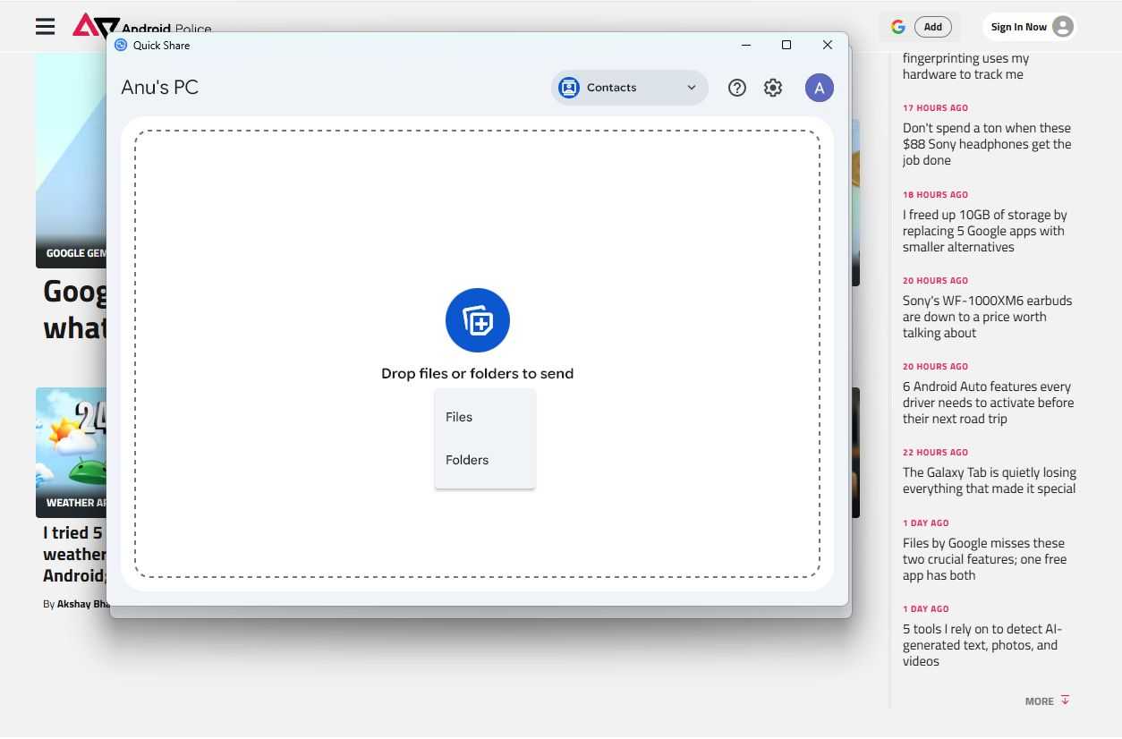 Screenshot showing the Quick Share app on Windows
