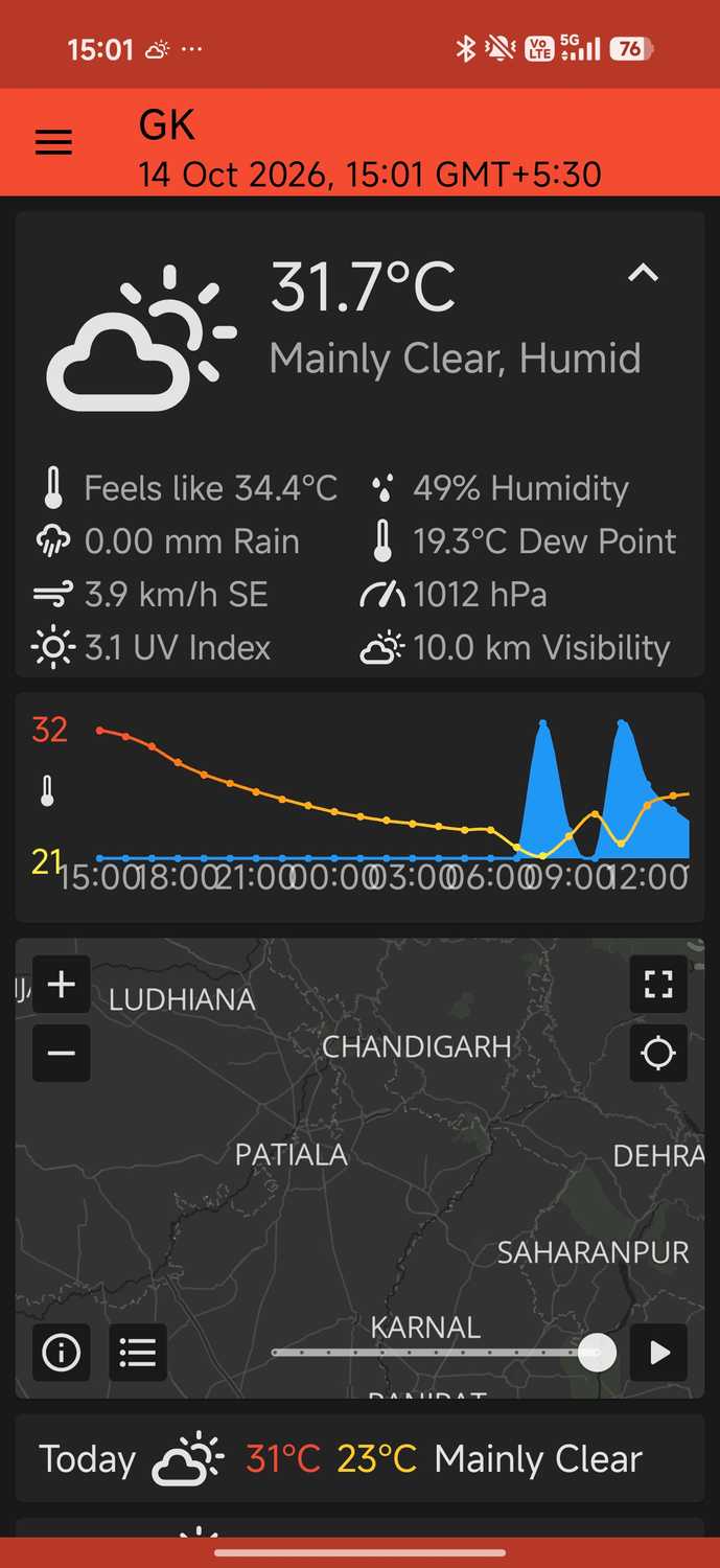 Quick Weather showing basic weather data for a city on home page