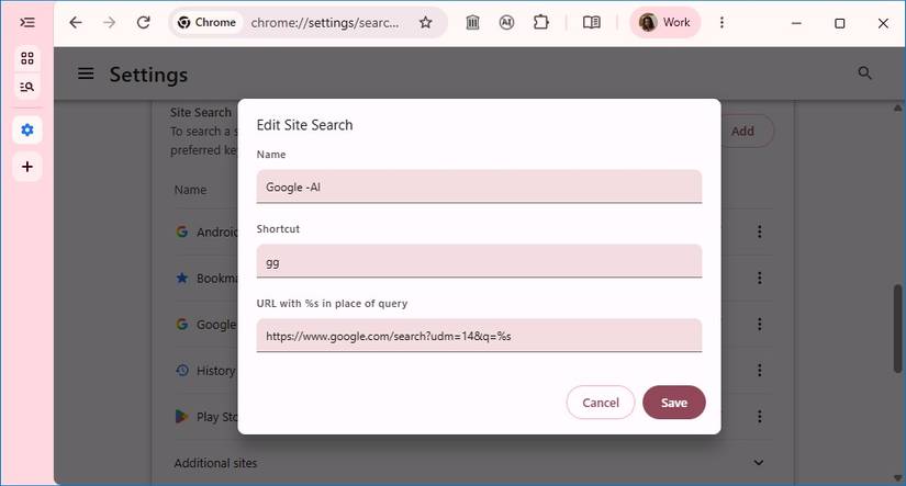 site search window in Chrome's settings
