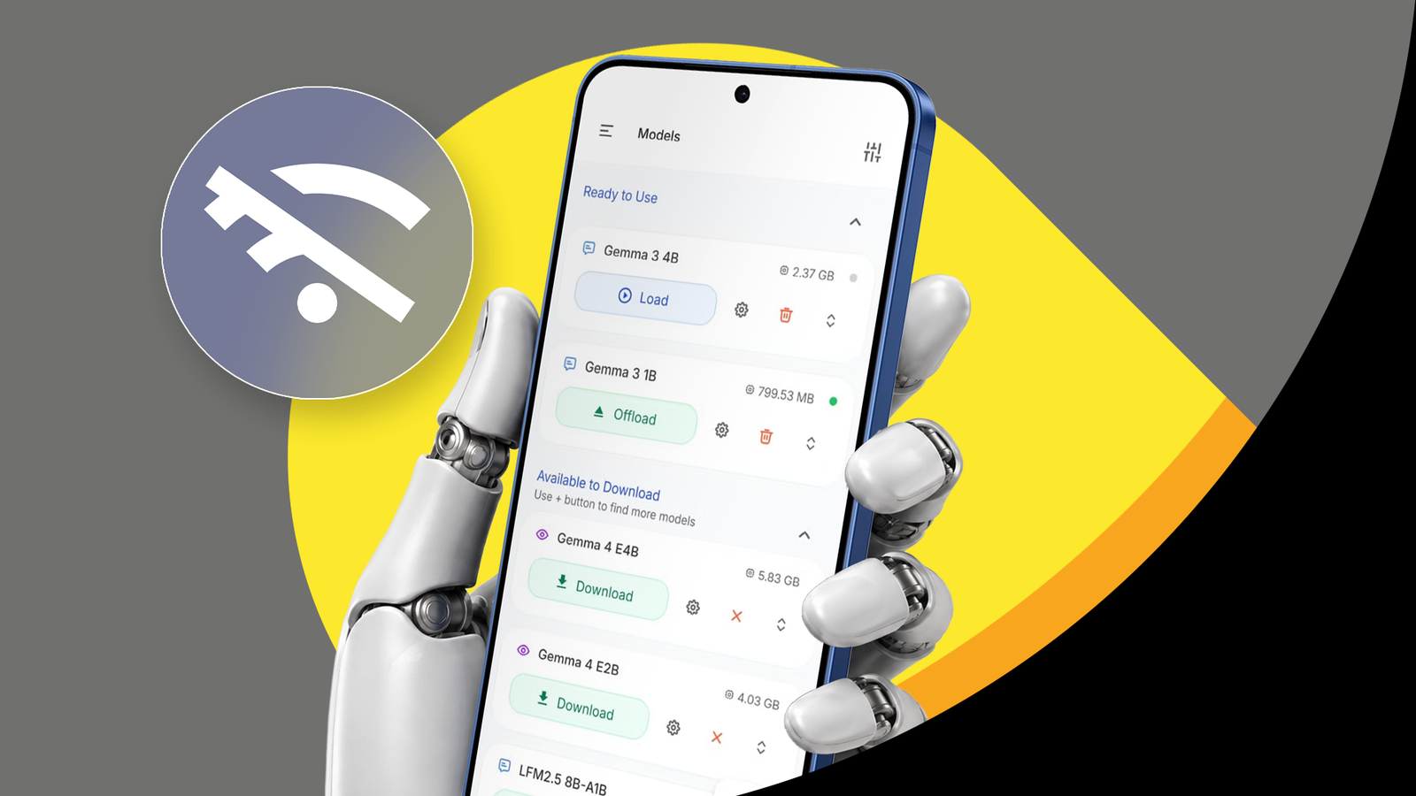 Robot hand holding a smartphone running offline AI models in PocketPal AI