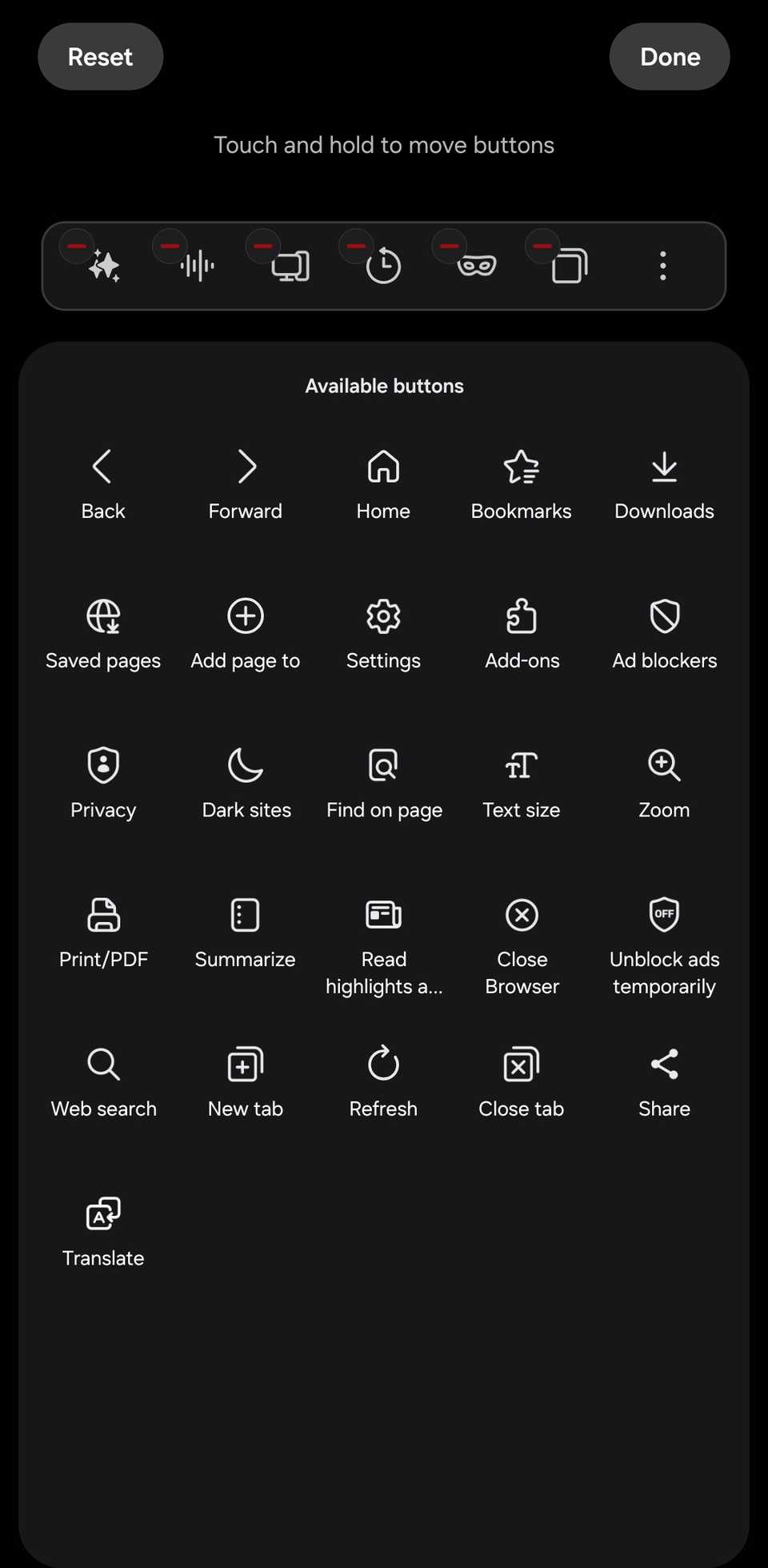 Pagina di personalizzazione della barra degli strumenti del browser Samsung.