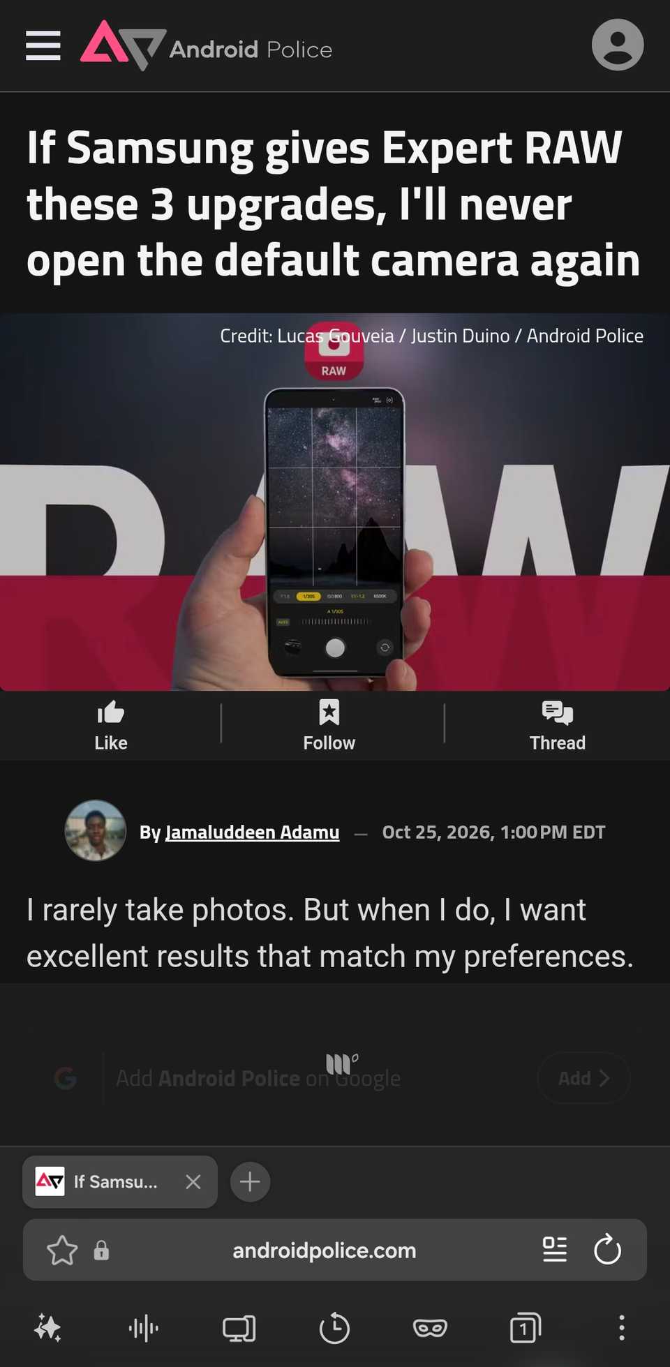 Samsung Browser che mostra una pagina Web e la barra degli strumenti inferiore.