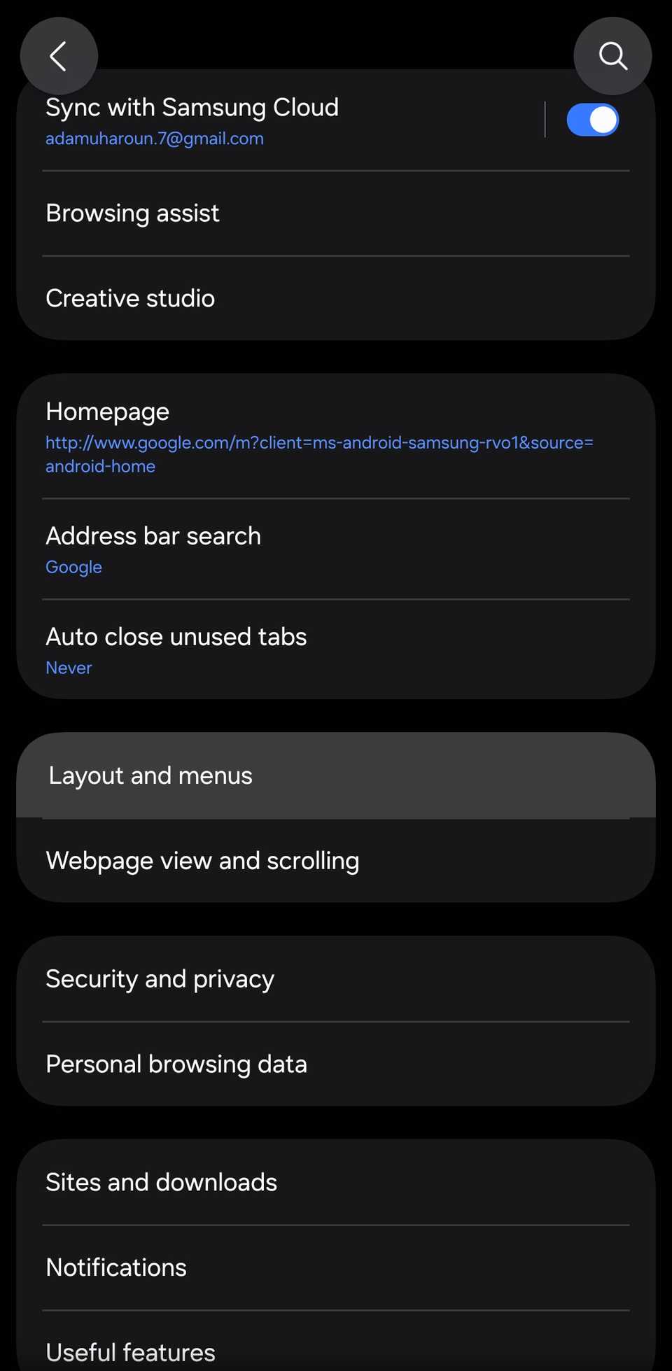 Impostazioni del browser Samsung con