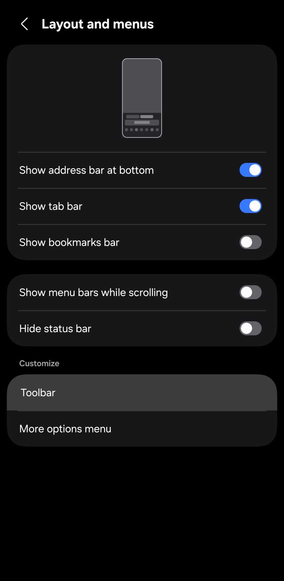 Impostazioni del layout e dei menu del browser Samsung con 