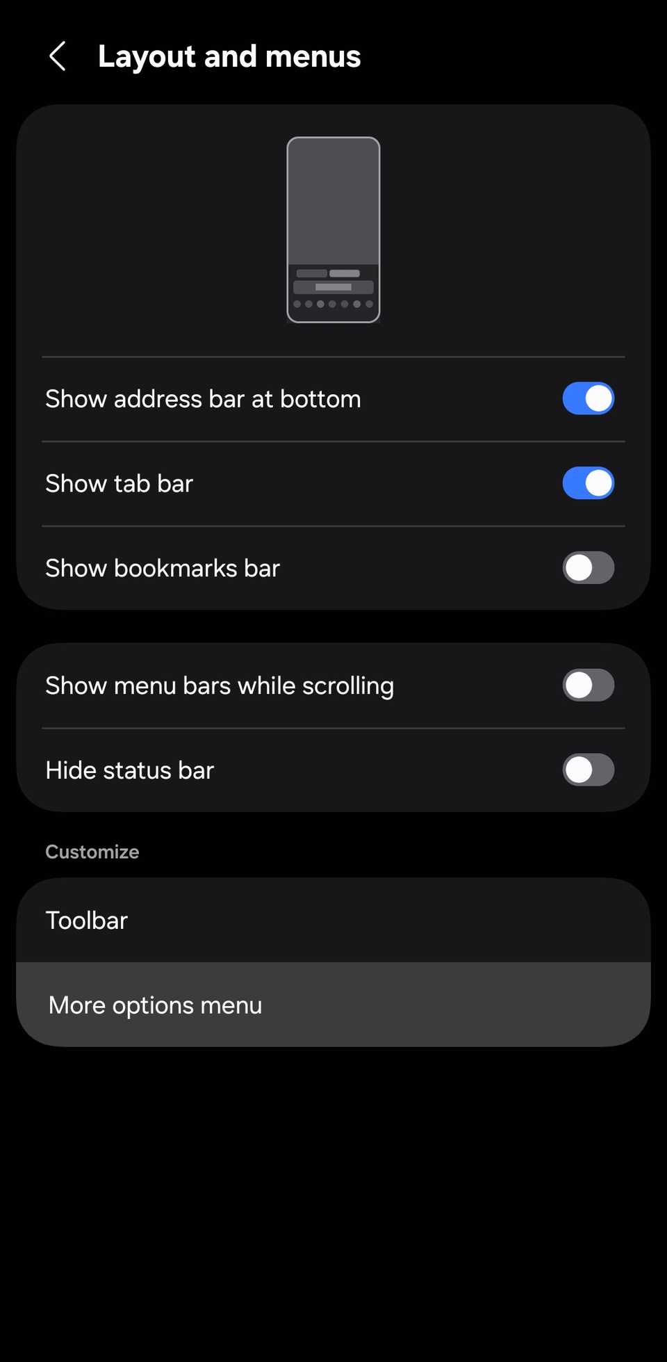 Impostazioni del layout e dei menu del browser Samsung con