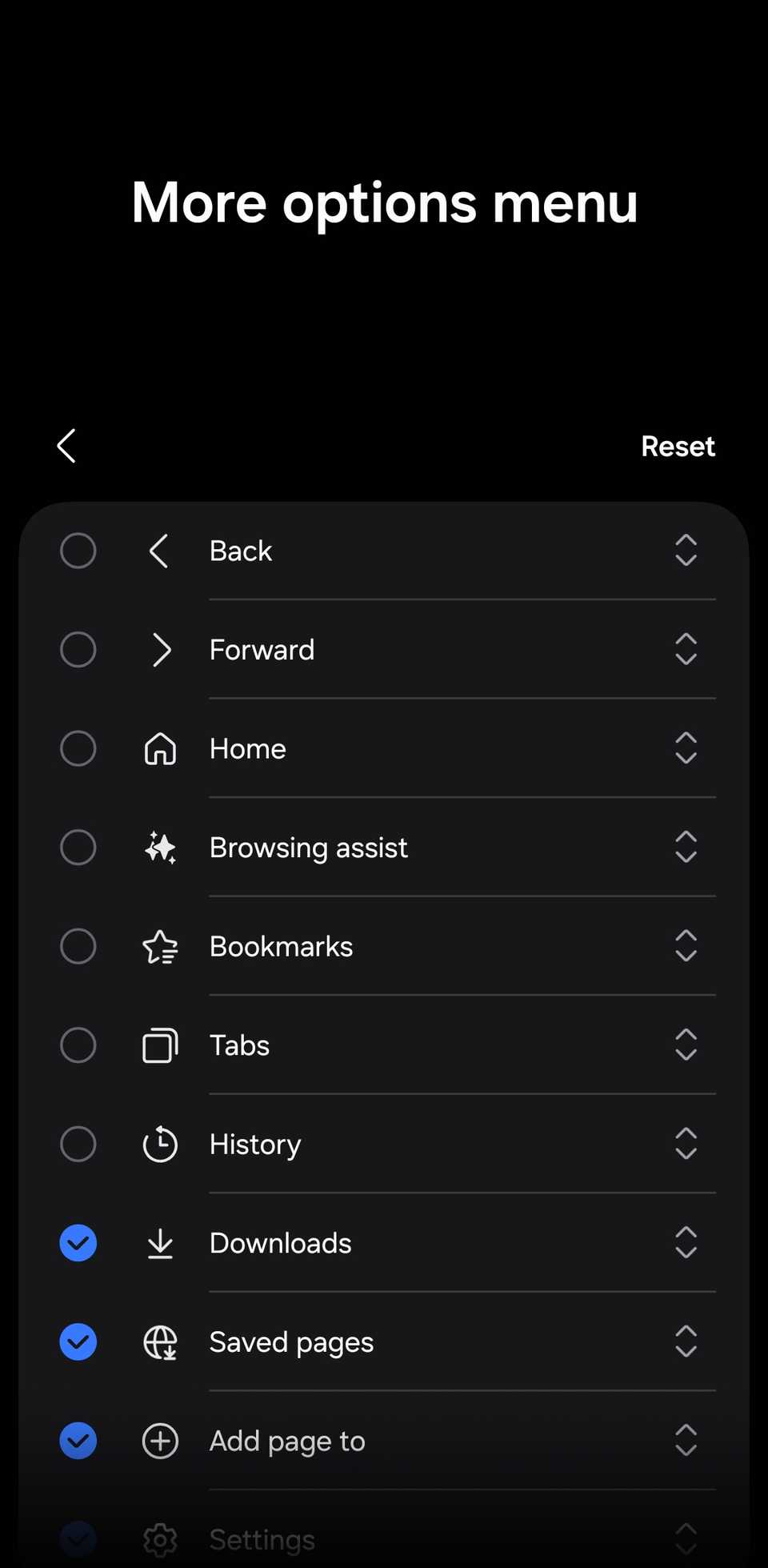 Impostazioni del menu Altre opzioni del browser Samsung.
