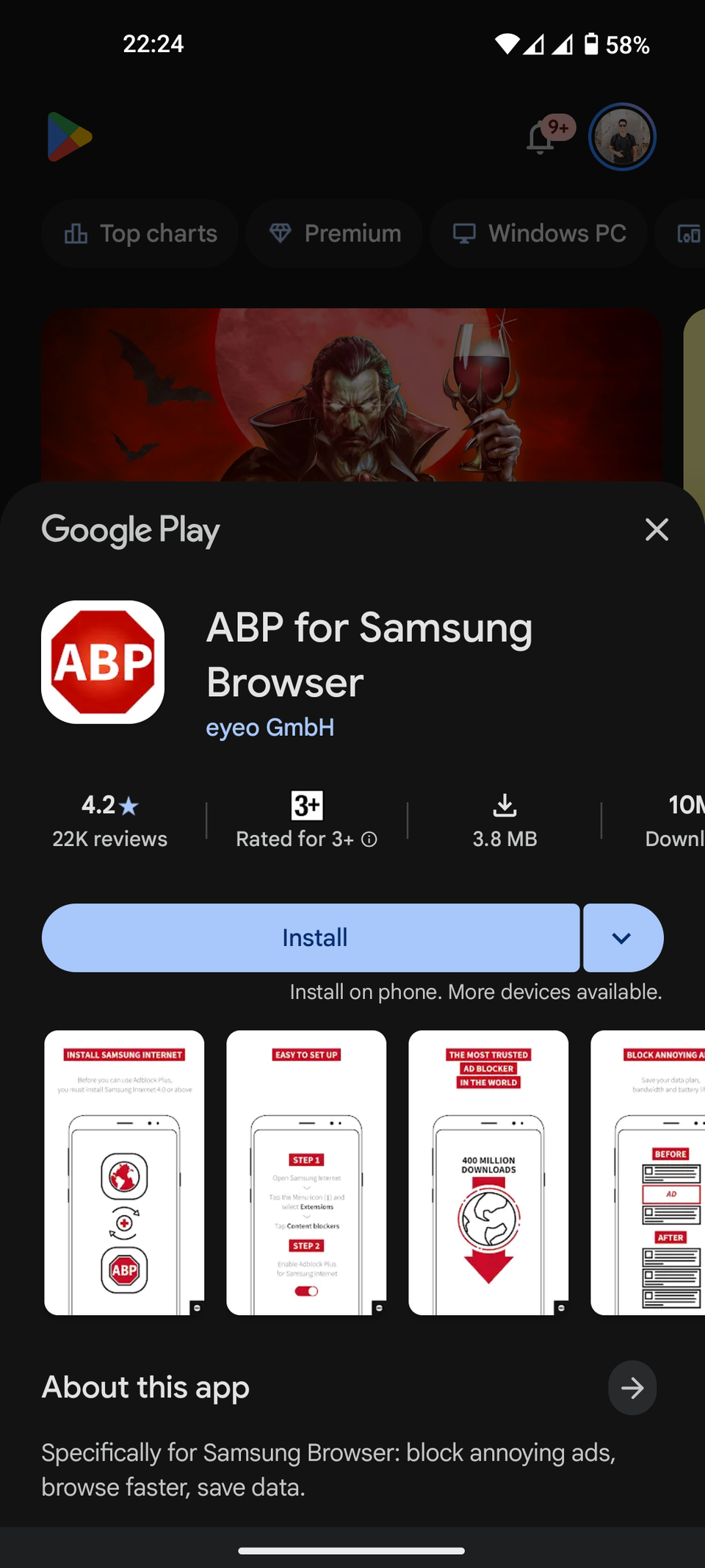 Browser Samsung con interfaccia aggiuntiva per app Android