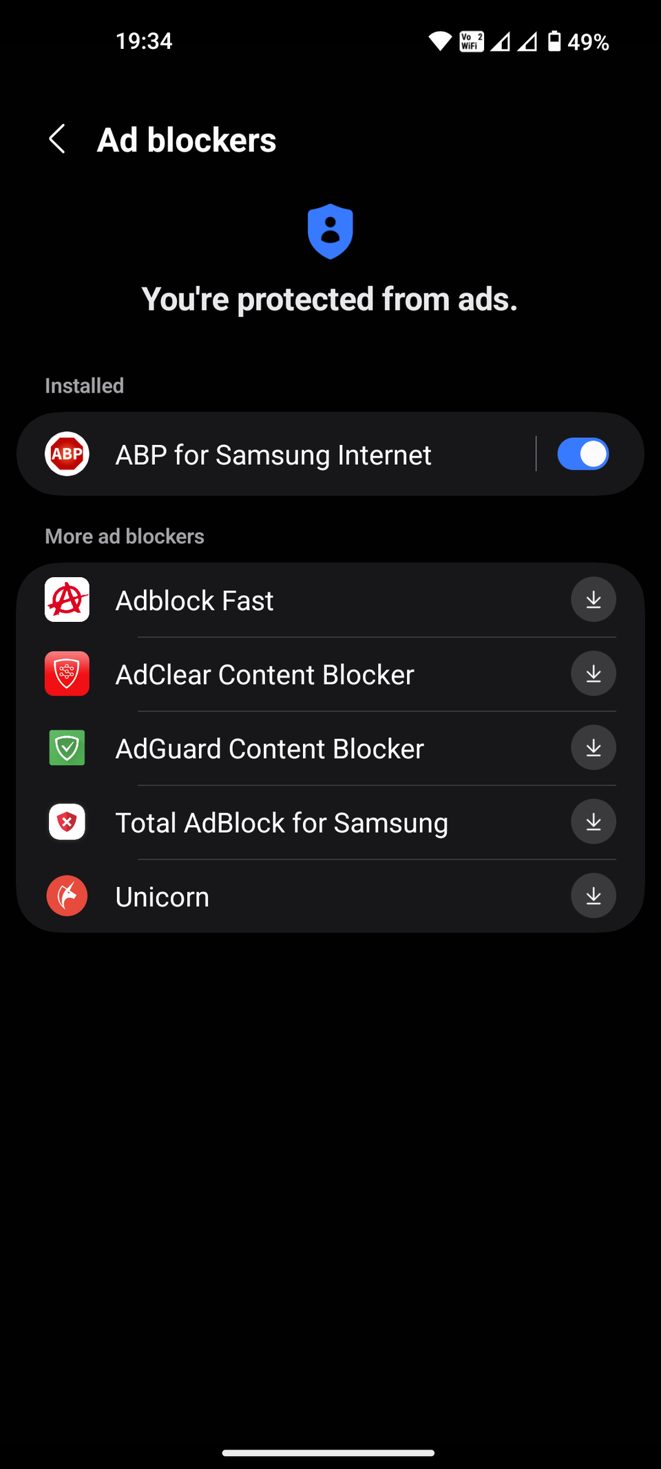 Browser Samsung con interfaccia aggiuntiva per app Android