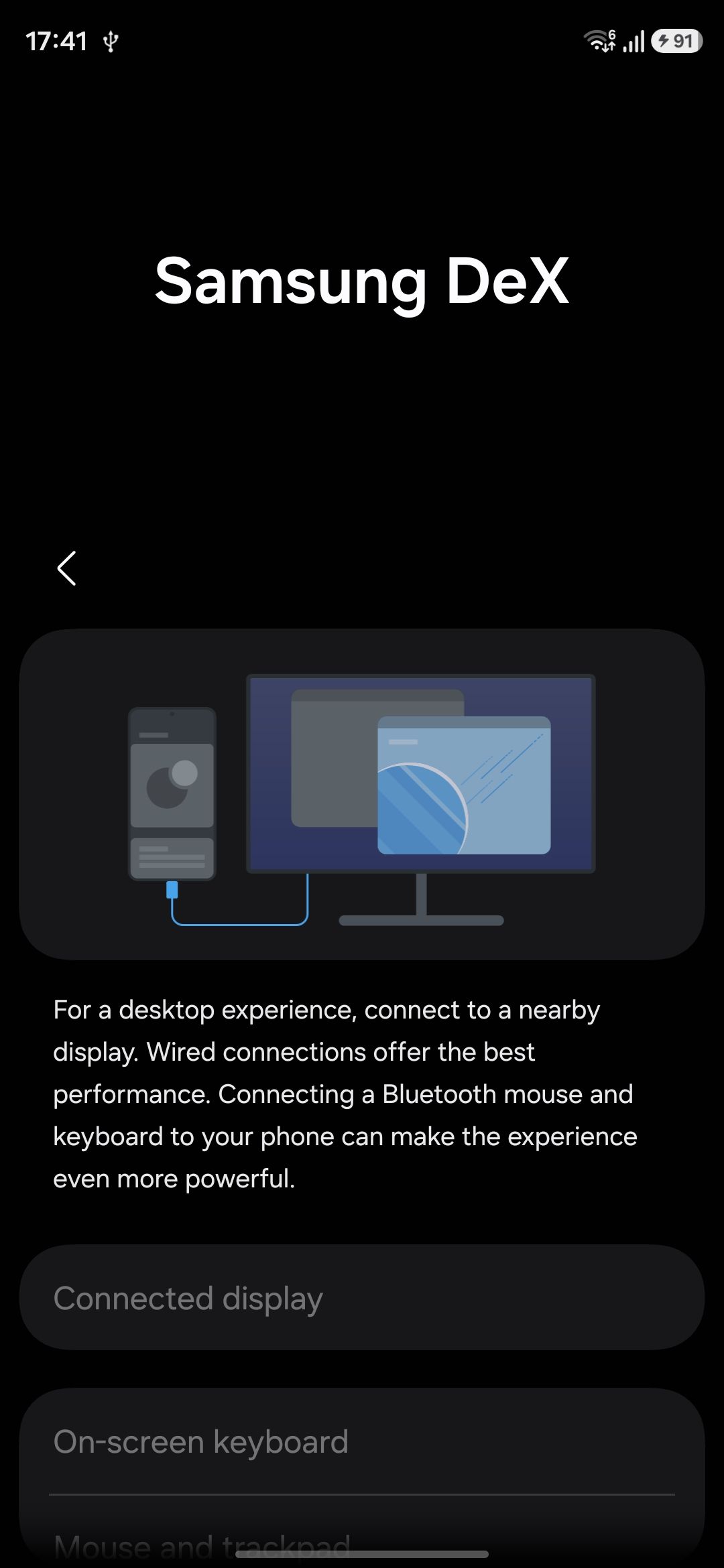Samsung Dex showing connection settings