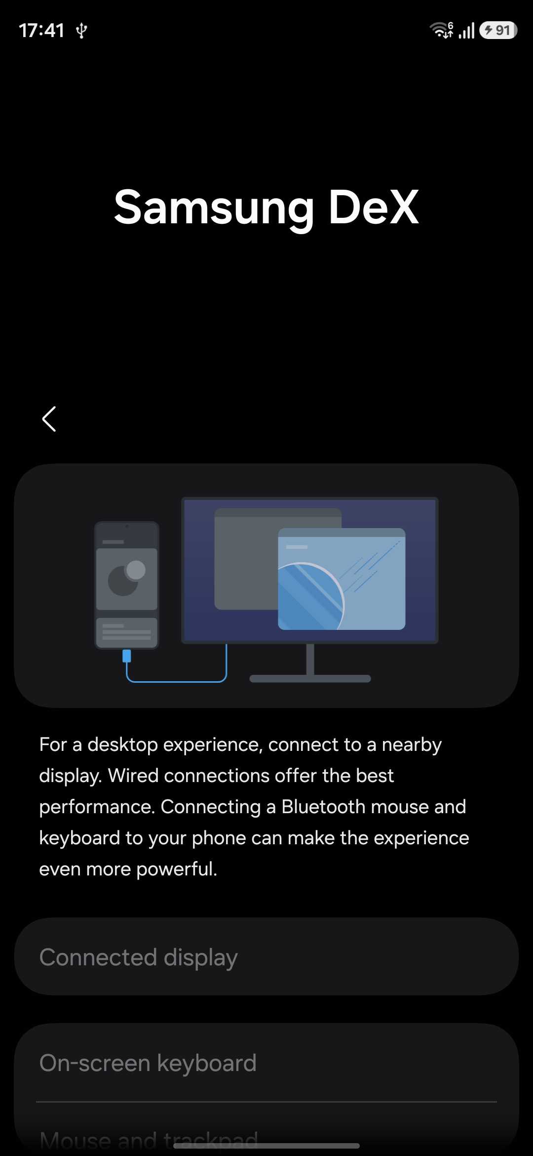 Samsung Dex showing connection settings