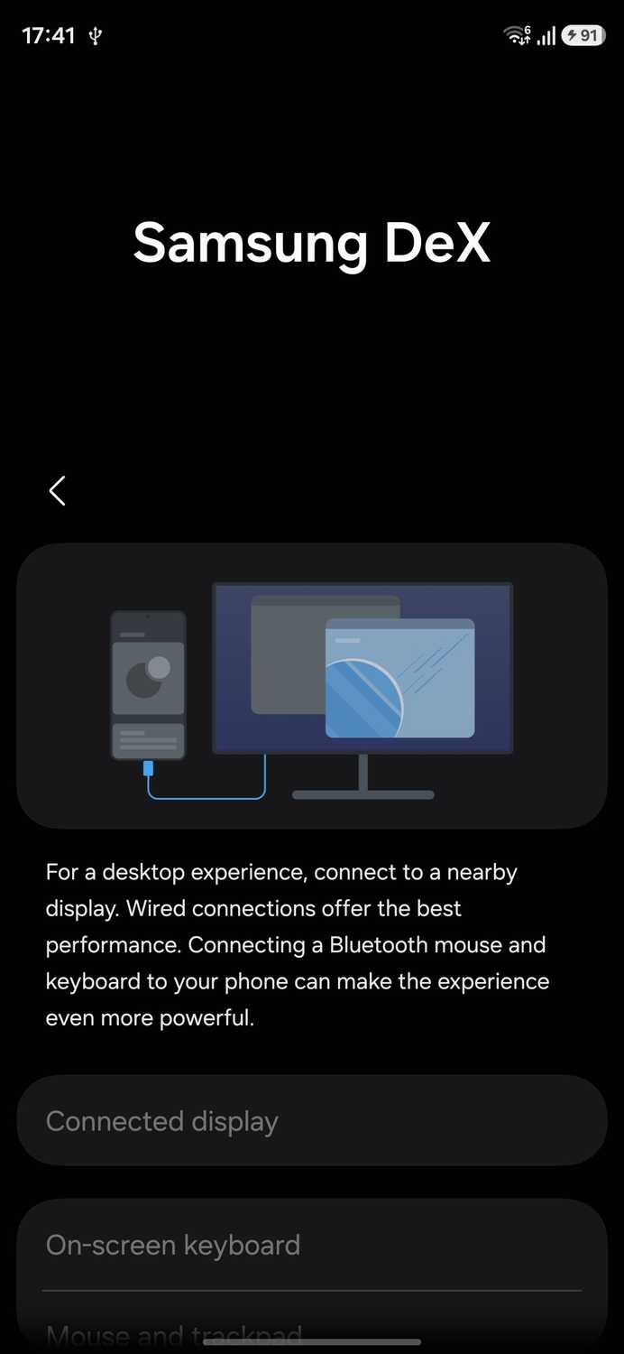 Samsung Dex showing connection settings