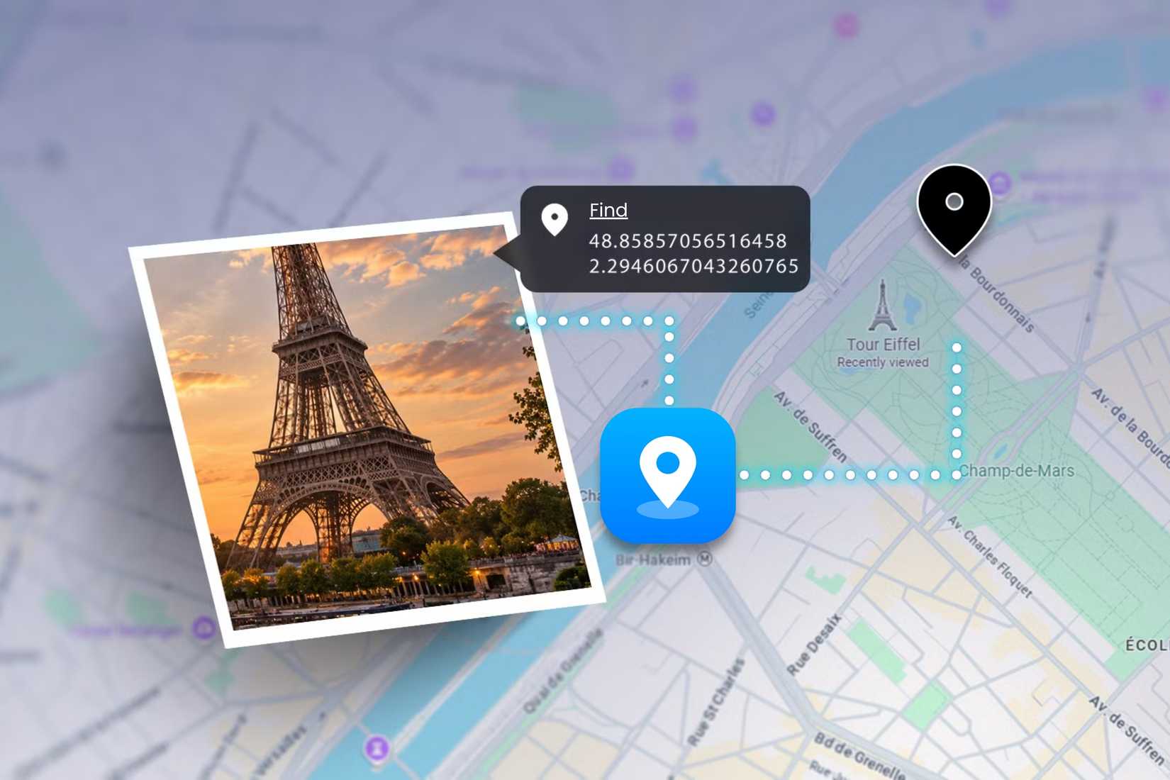 Samsung Find app icon connected by a dotted line to a photo of the Eiffel Tower and a location pin on a map of Paris, with GPS coordinates shown in a label
