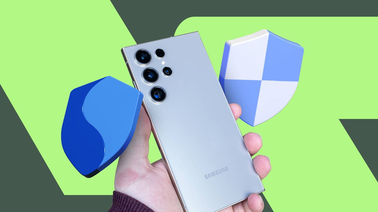 A hand holding a Samsung Galaxy smartphone, surrounded by Samsung Auto Blocker and Google Advanced Protection icons.