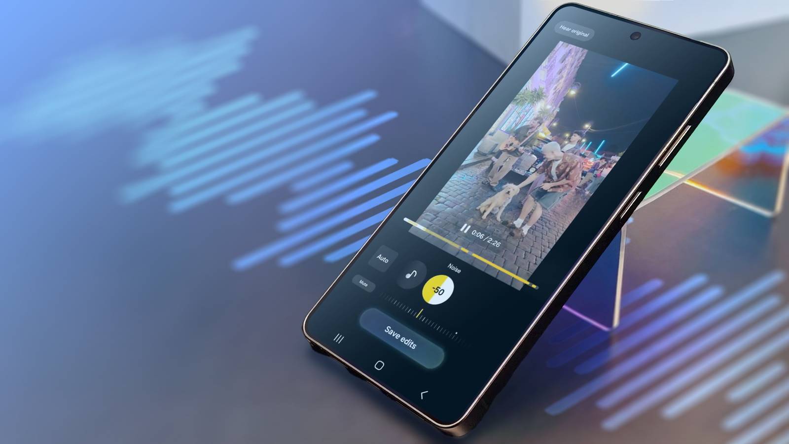 Samsung Galaxy phone displaying the Audio Eraser feature, with blue sound waves in the background.