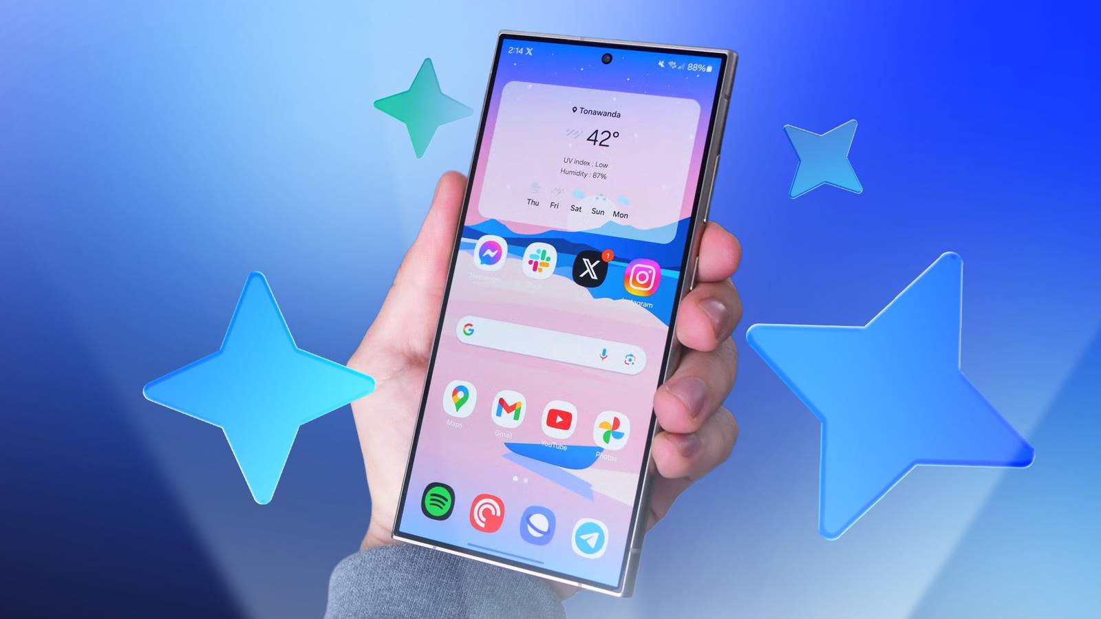 Hand holding a Samsung Galaxy smartphone, surrounded by colorful Galaxy AI stars on a blue background.