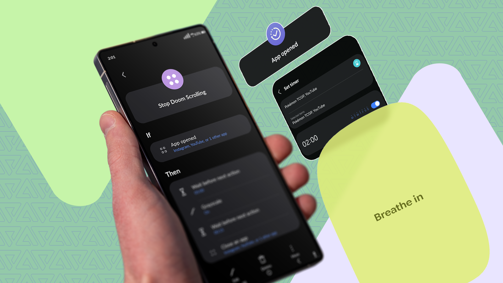 Samsung Galaxy smartphone displaying a Stop Doom Scrolling routine, with floating app timer and breathing reminder screens