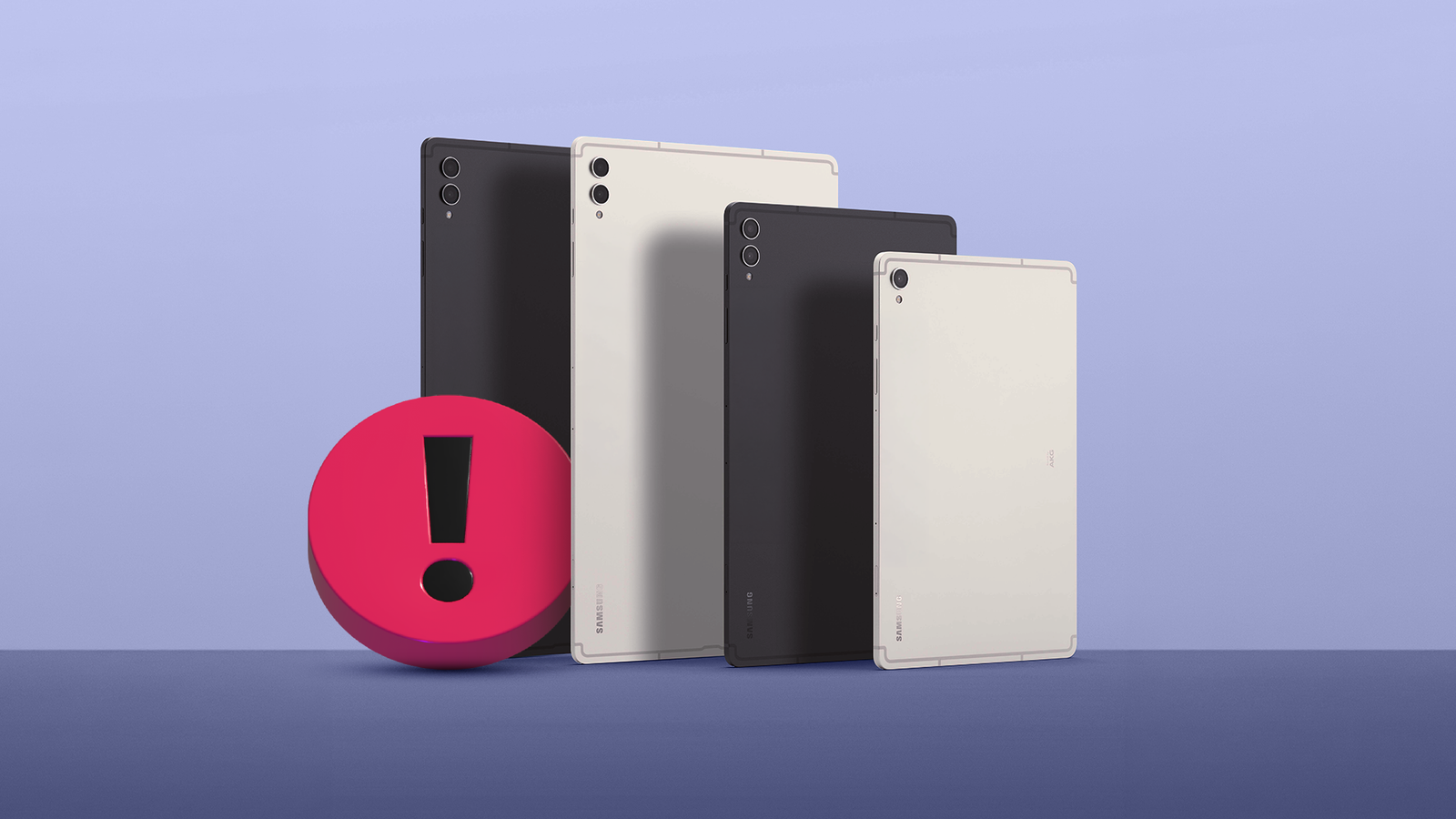 Samsung Galaxy Tab tablets with a warning icon on a purple background.