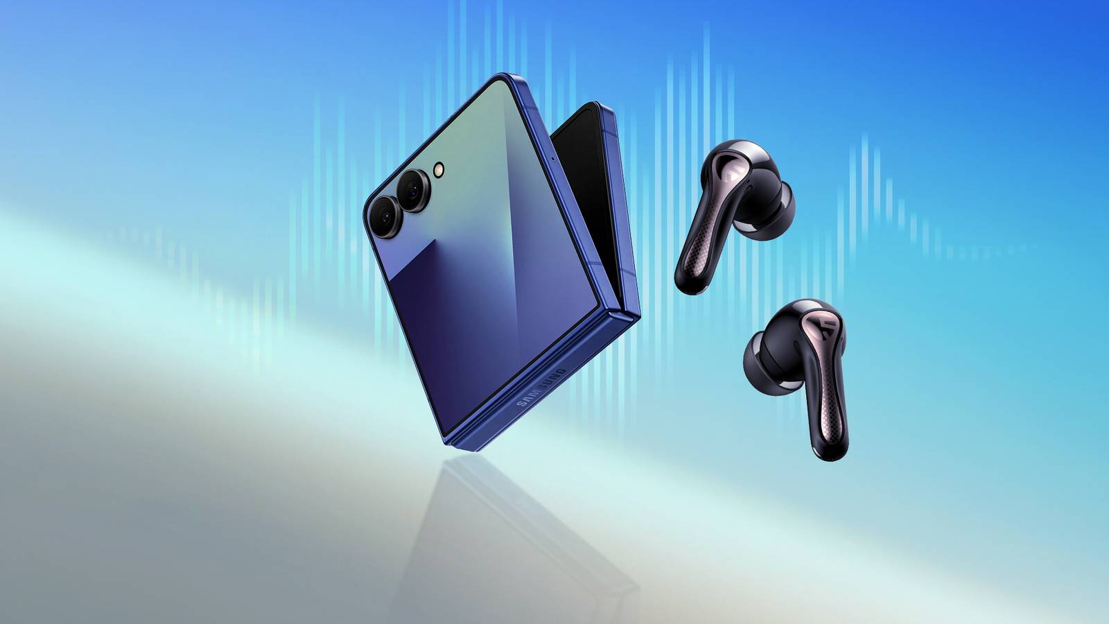 Samsung Galaxy Z Flip 7 and wireless earbuds floating against a blue background with audio waveforms..png