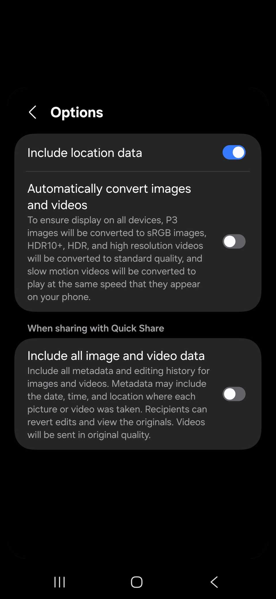 Samsung Gallery Share tool location toggle