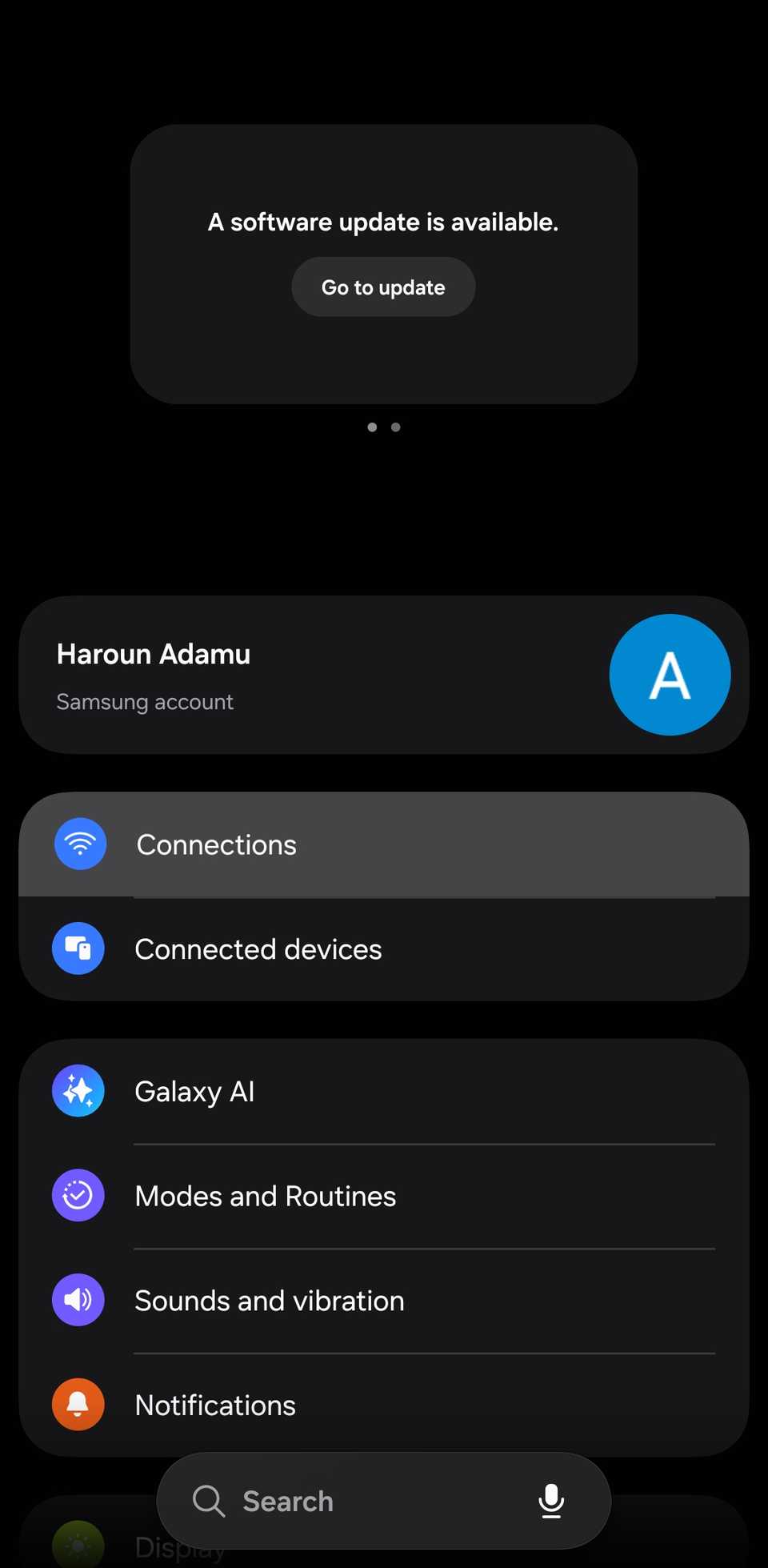 Samsung settings with 'Connections' highlighted.