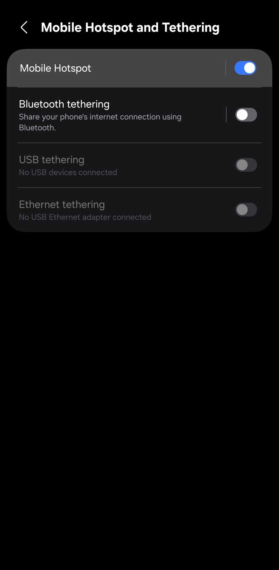 Samsung Mobile Hotspot and Tethering settings with 'Mobile Hotspot' highlighted.