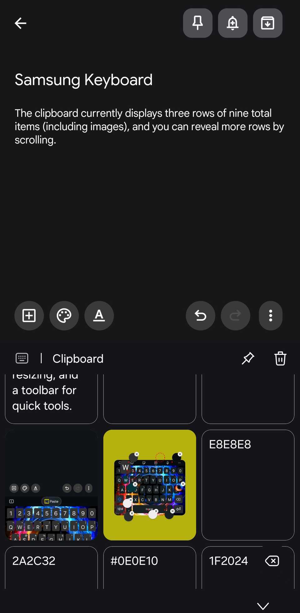 Google Keep app with Samsung Keyboard's clipboard open, showing copied texts and images.