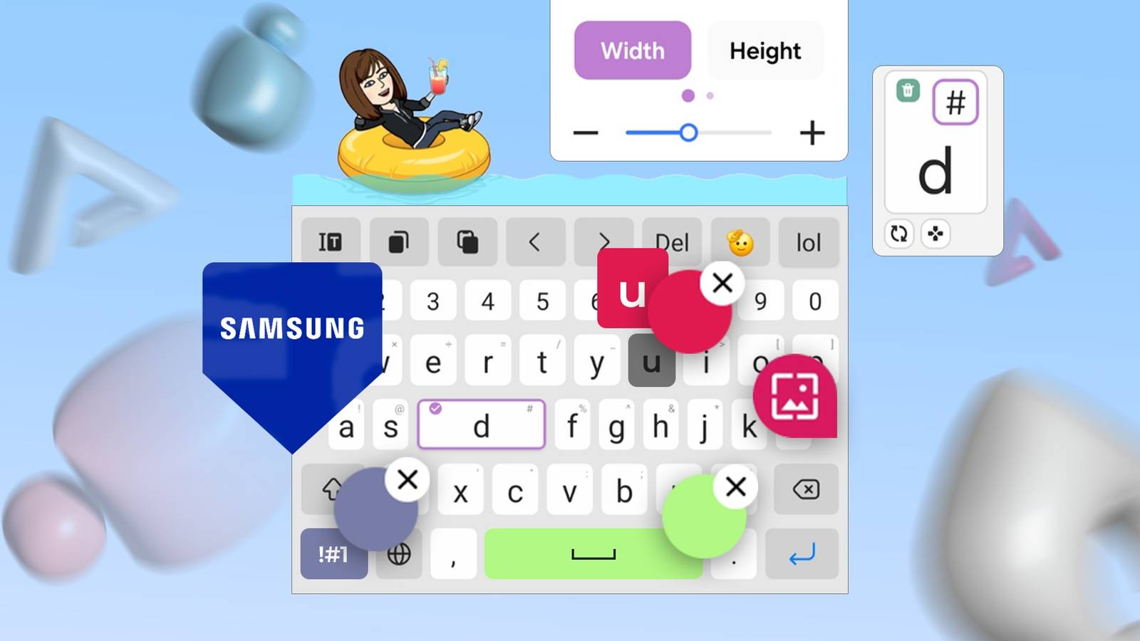 Samsung Keyboard with Good Lock customization tools and colorful floating keys.
