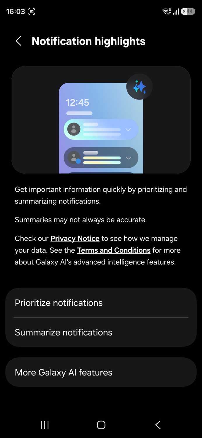 Samsung notification highlights settings