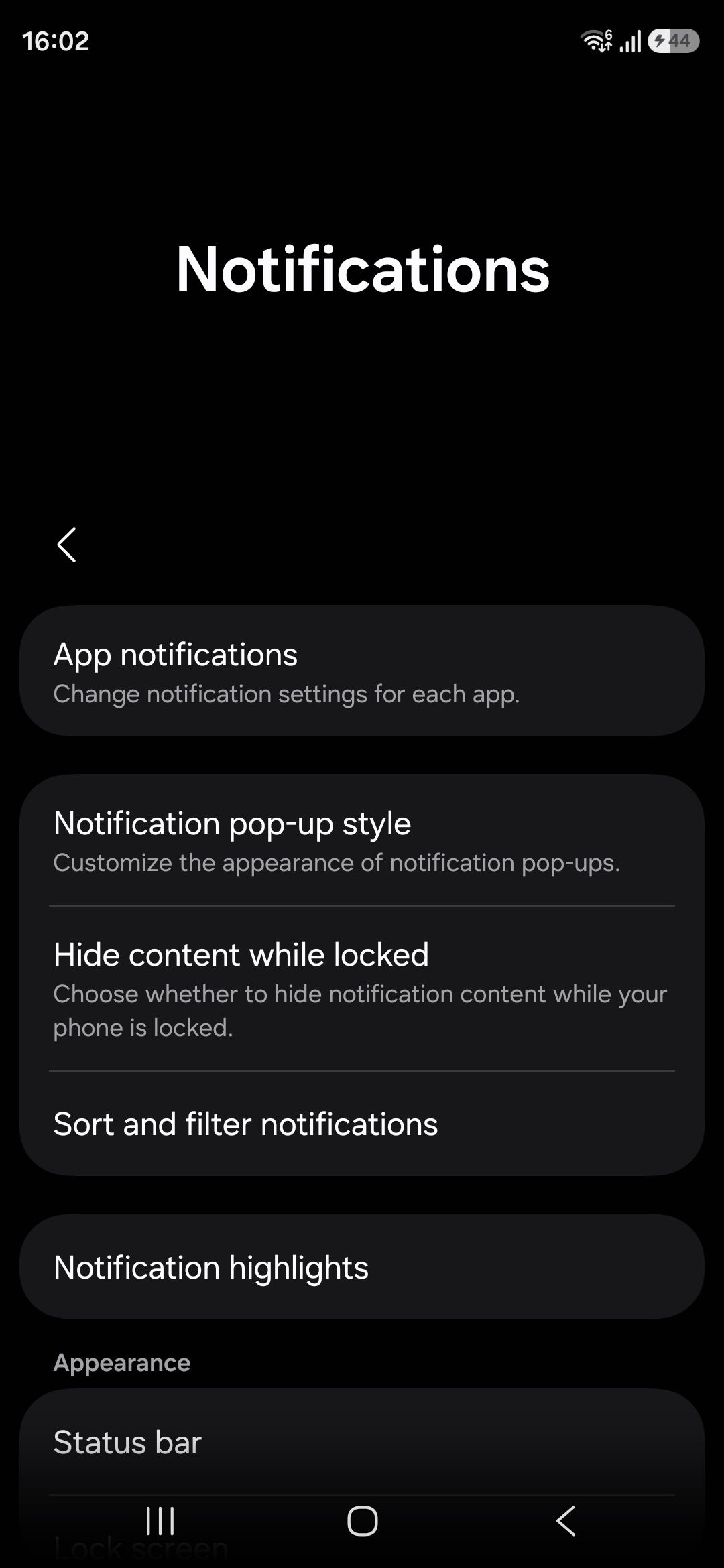 Samsung notification settings