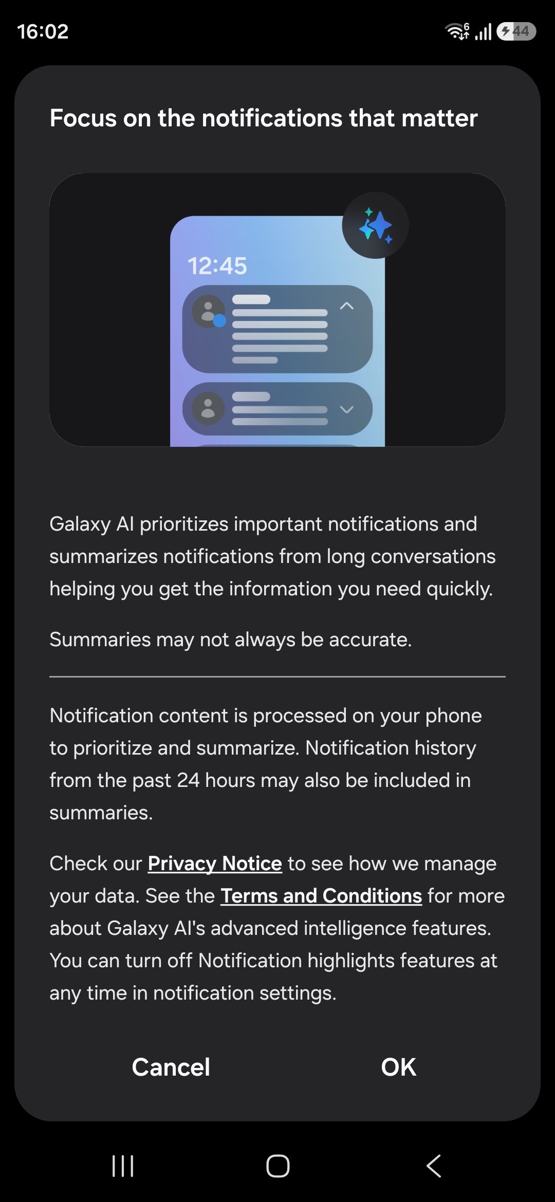 Samsung Notofication highlights notice