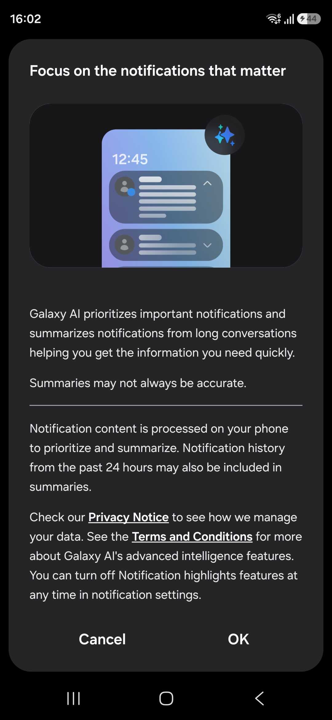 Samsung Notofication highlights notice