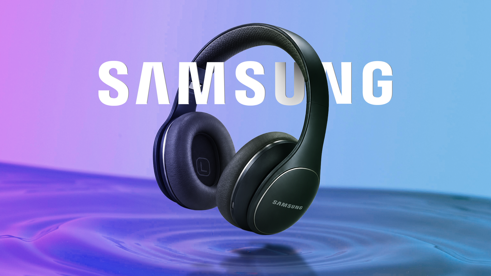Samsung over-ear headphones with Samsung branding on a gradient background.