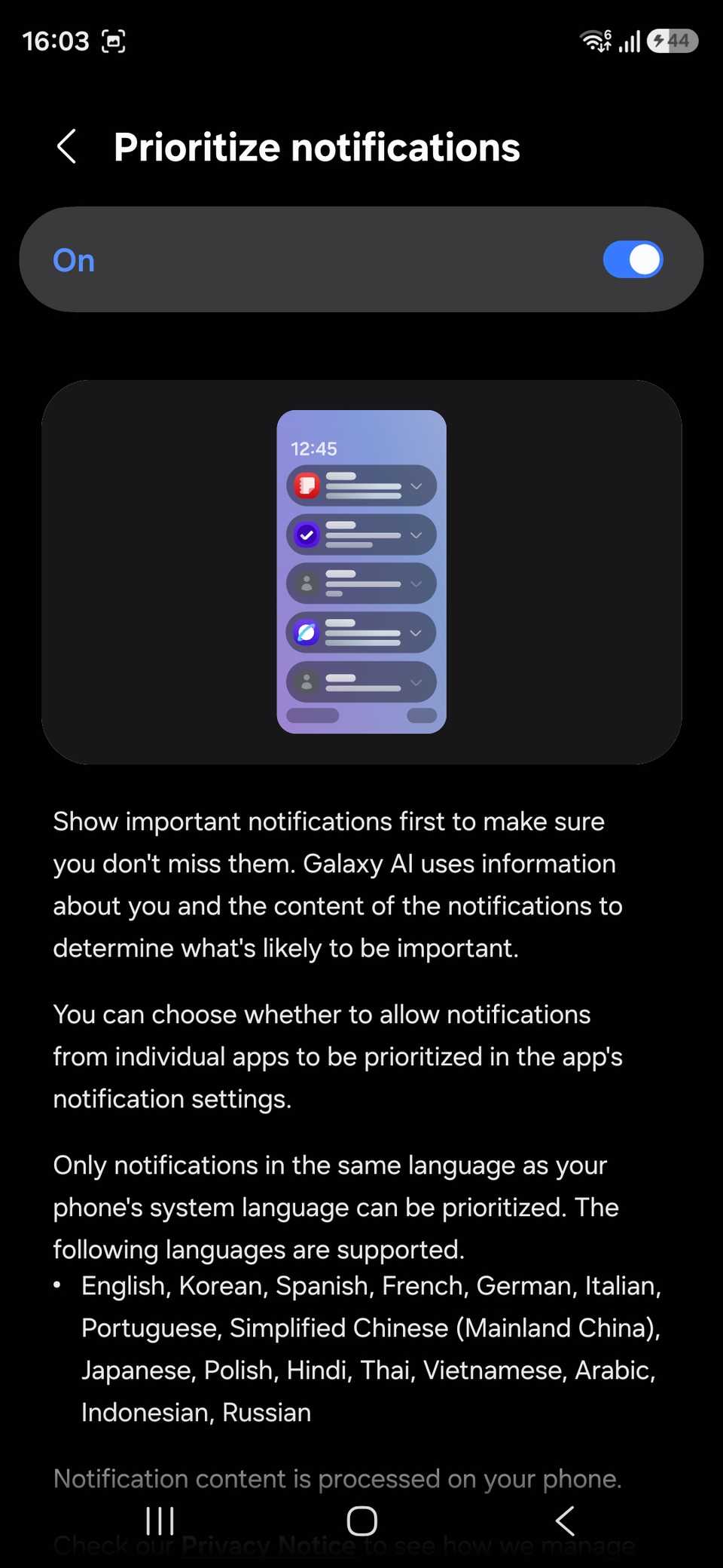 Samsung dà priorità alle impostazioni delle notifiche