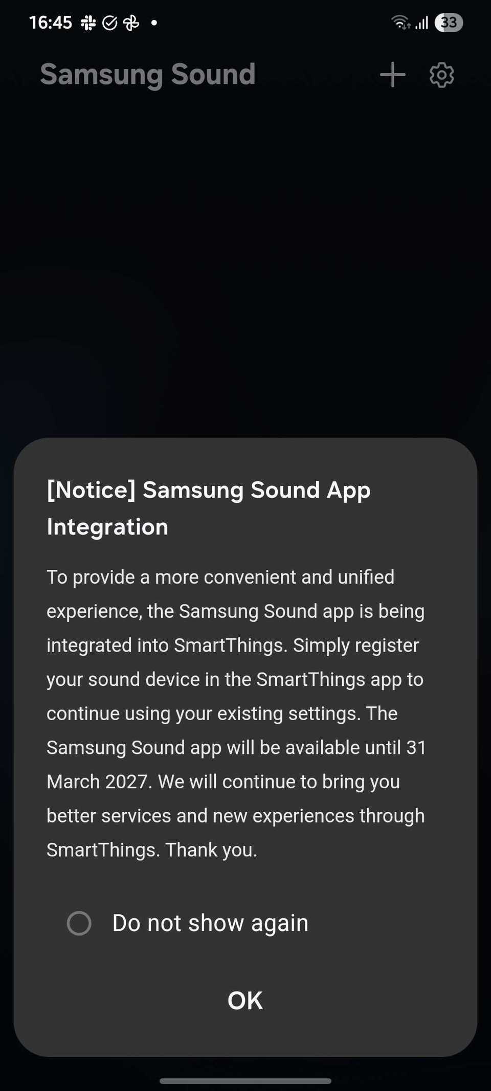 Screenshot showing the discontinuation notice of the Samsung Sound app