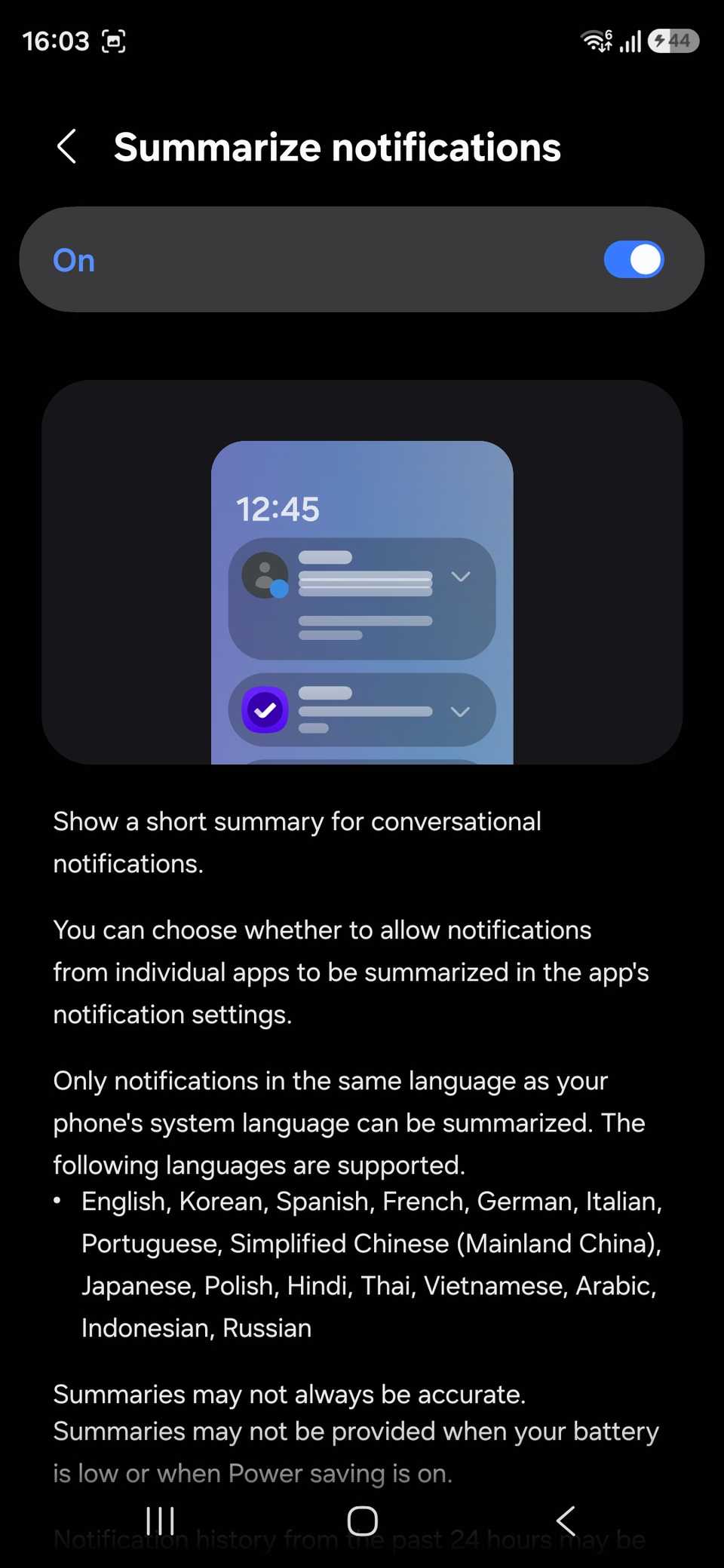 Samsung riepiloga le impostazioni delle notifiche