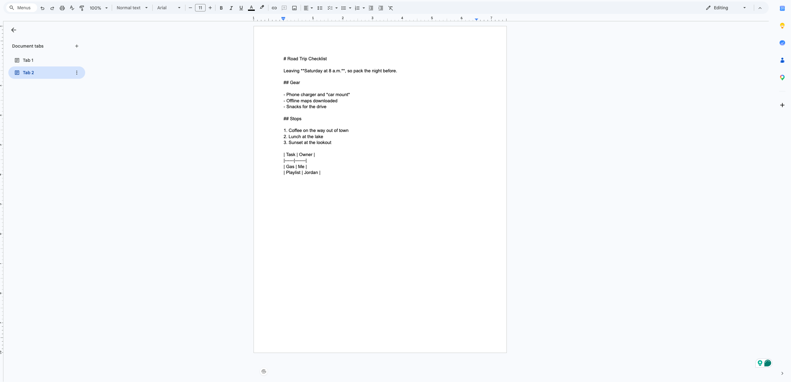 Checklist in Google Docs, showing raw Markdown symbols instead of formatting.
