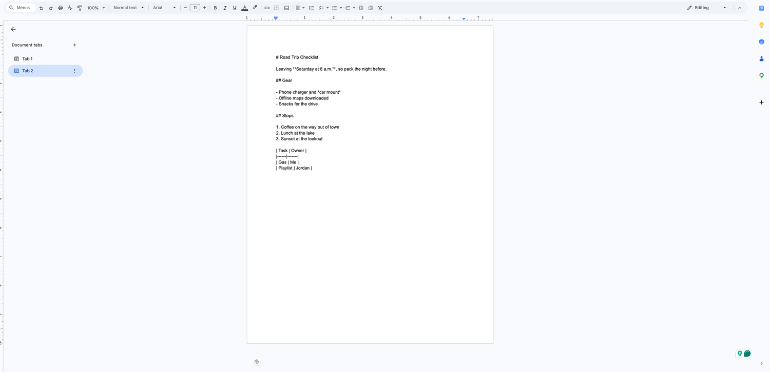 Checklist in Google Docs, showing raw Markdown symbols instead of formatting.