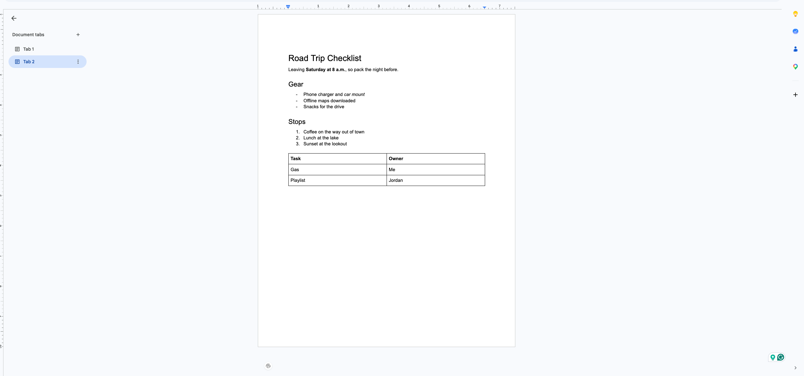 A road trip checklist in Google Docs, with Markdown rendered as a heading, bold text, lists, and a table.