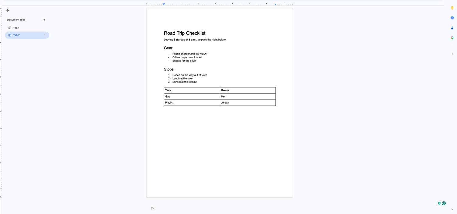 A road trip checklist in Google Docs, with Markdown rendered as a heading, bold text, lists, and a table.