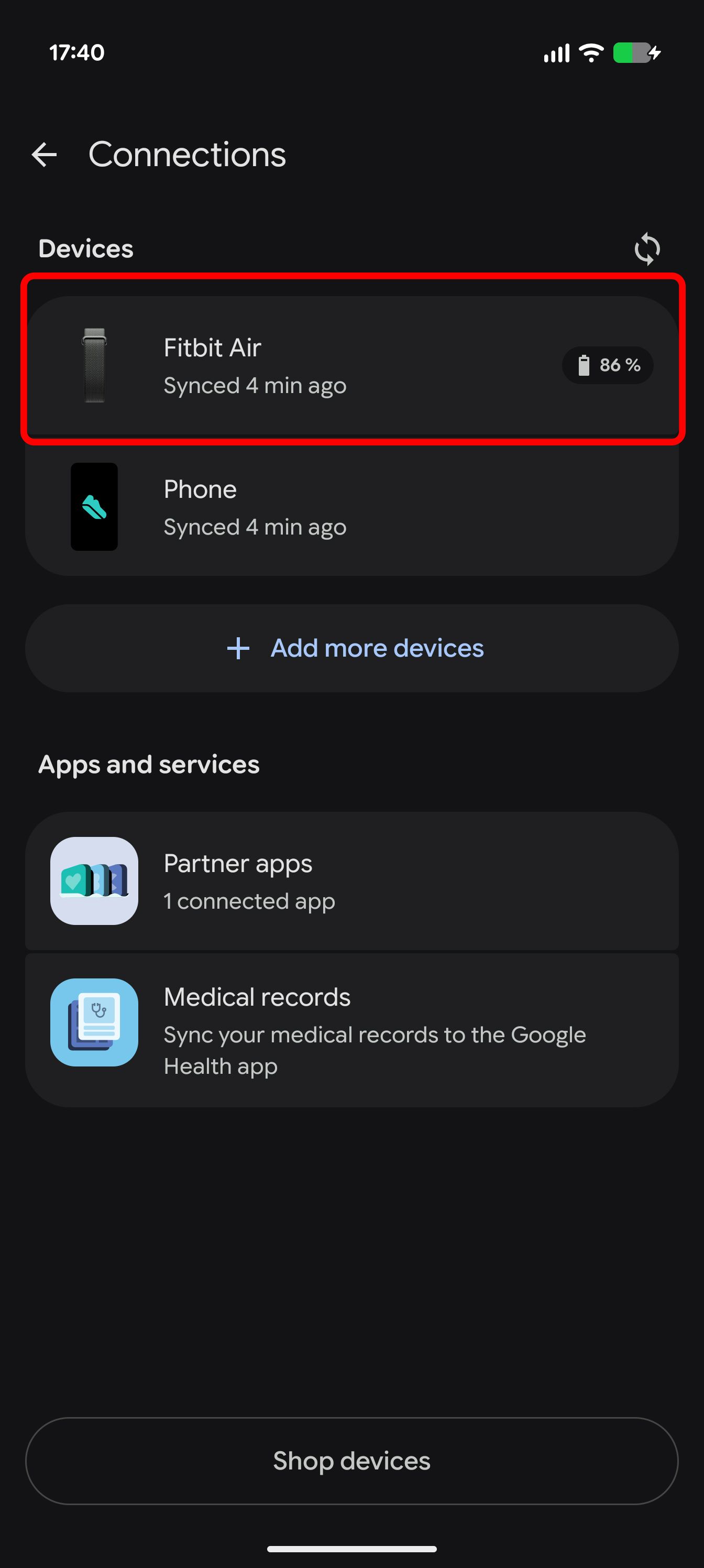 Google Health app with Fitbit Air as main device