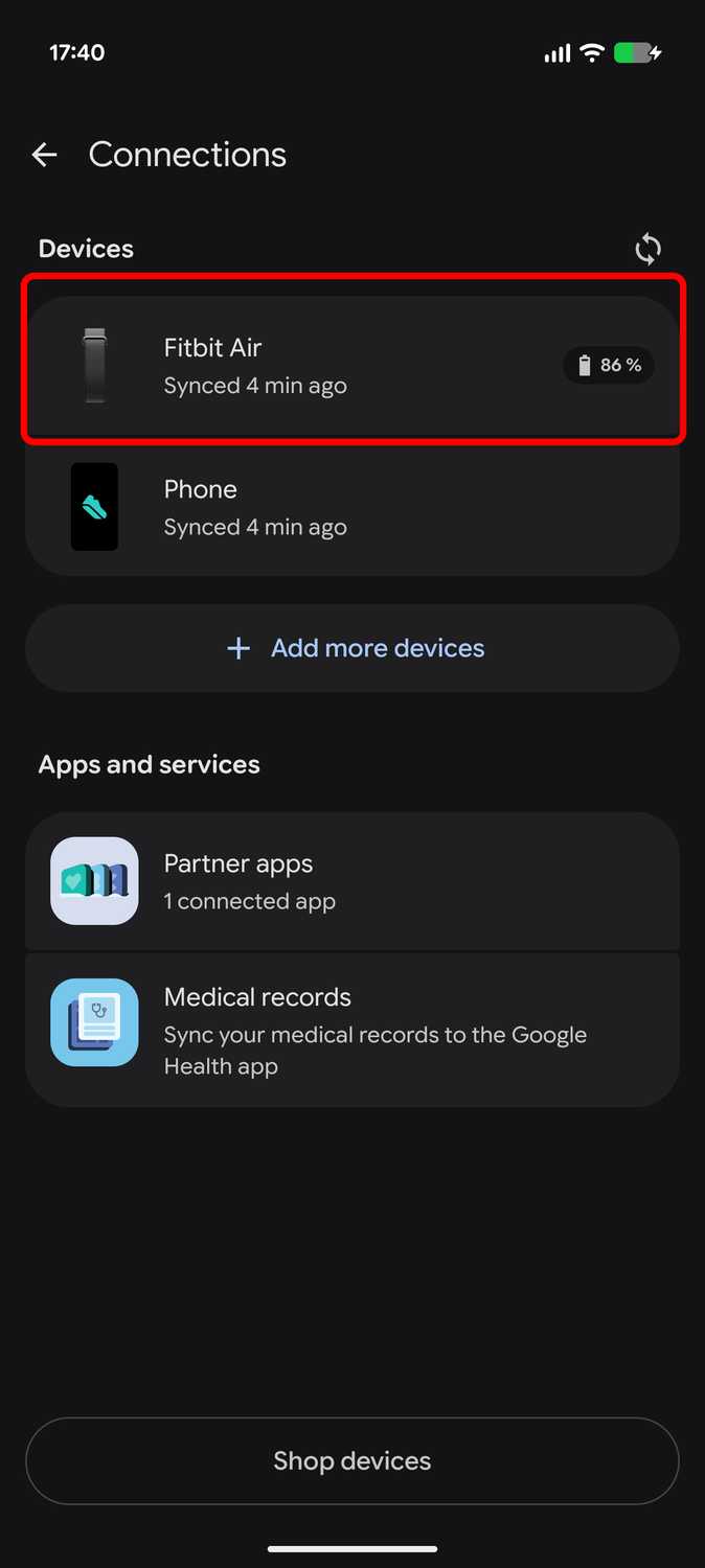 Google Health app with Fitbit Air as main device