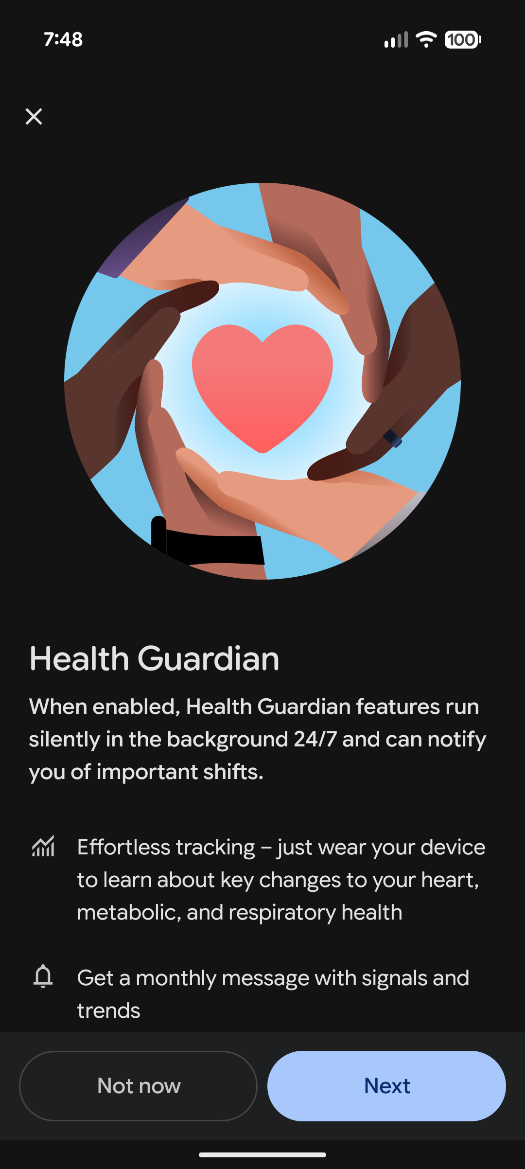 Screenshot of the Health Guardian intro in the Google Health app