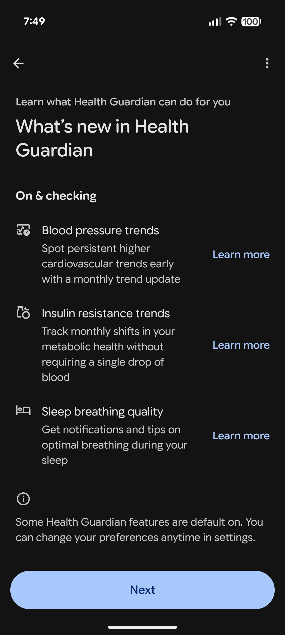 Screenshot of the Health Guardian features in the Google Health app