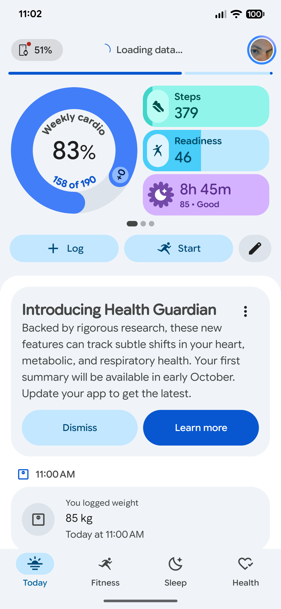 Screenshot of the Health Guardian's Today card